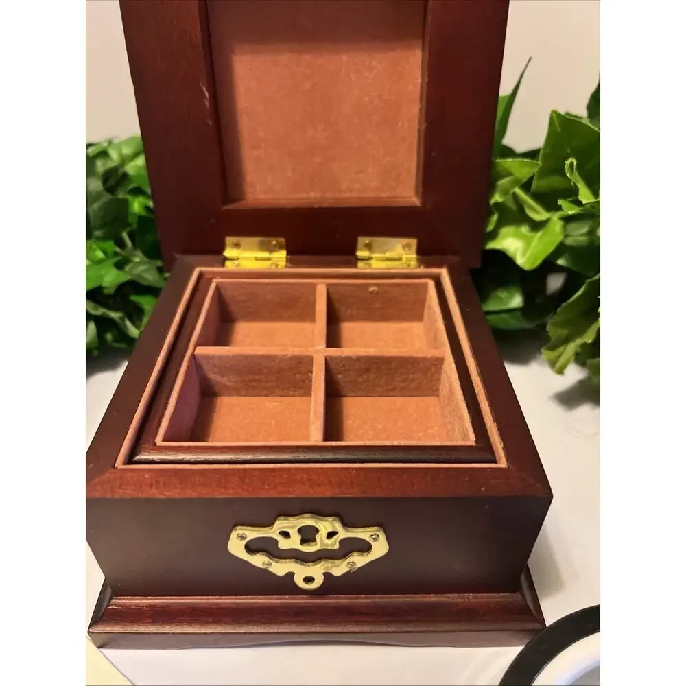 Vtg Cherry Wood Jewelry Box Trinket Style 6x6 Plus Two New Necklaces 6 Earrings